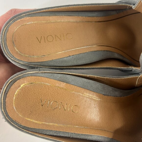 Sz 8- Vionic Plaza Presley Grey Suede Bow Front Square Toe Block‎ Heeled Mules - Picture 12 of 14